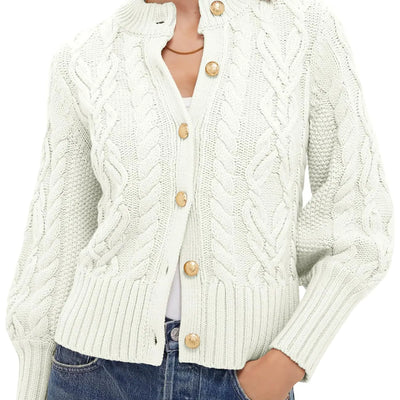 PEHMEA Womens Short Cardigan Sweaters Soft Twist Knit Fall Winter Chunky Open Front Button Sweaters for Women(White-L)