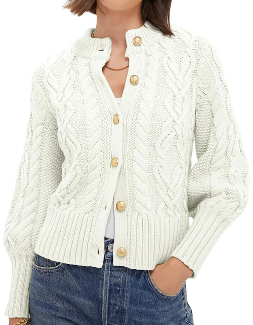 Cargar imagen en el visor de la galería, PEHMEA Cárdigans cortos de punto para mujer, de punto retorcido suave, otoño, invierno, gruesos, con botones frontales abiertos para mujer (blanco-L)
