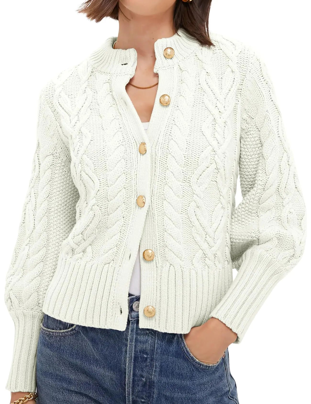 PEHMEA Cárdigans cortos de punto para mujer, de punto retorcido suave, otoño, invierno, gruesos, con botones frontales abiertos para mujer (blanco-L)