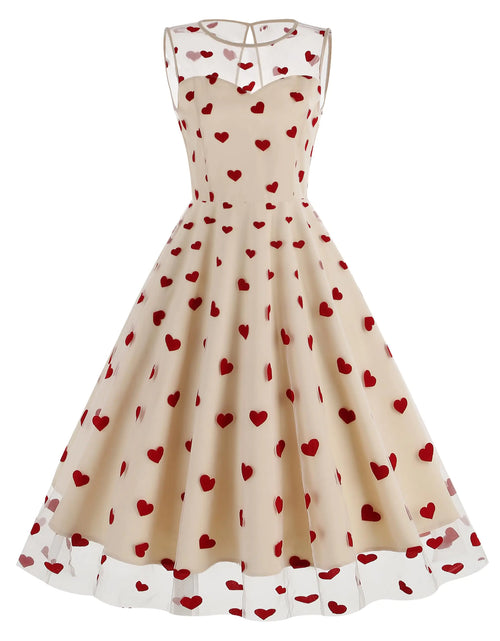 Load image into Gallery viewer, Valentines Dresses for Women Tulle Dresses for Party Sheer Mesh Heart Printed Mini Dress Fit and Flare Homecoming Dresses Sleeveless Wedding Guest Dresses Summer Cocktail Party Dress Apricot Heart 2XL
