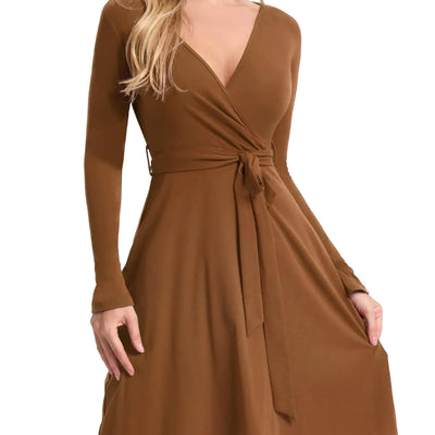 CosySun Womens Fall Long Sleeve Dress: Wrap V Neck Midi Dresses - Casual Party Rib Dresses with Belt Camel