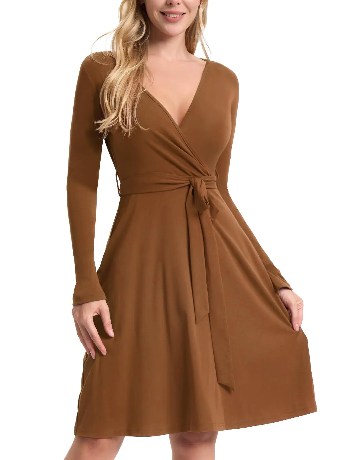 CosySun Womens Fall Long Sleeve Dress: Wrap V Neck Midi Dresses - Casual Party Rib Dresses with Belt Camel