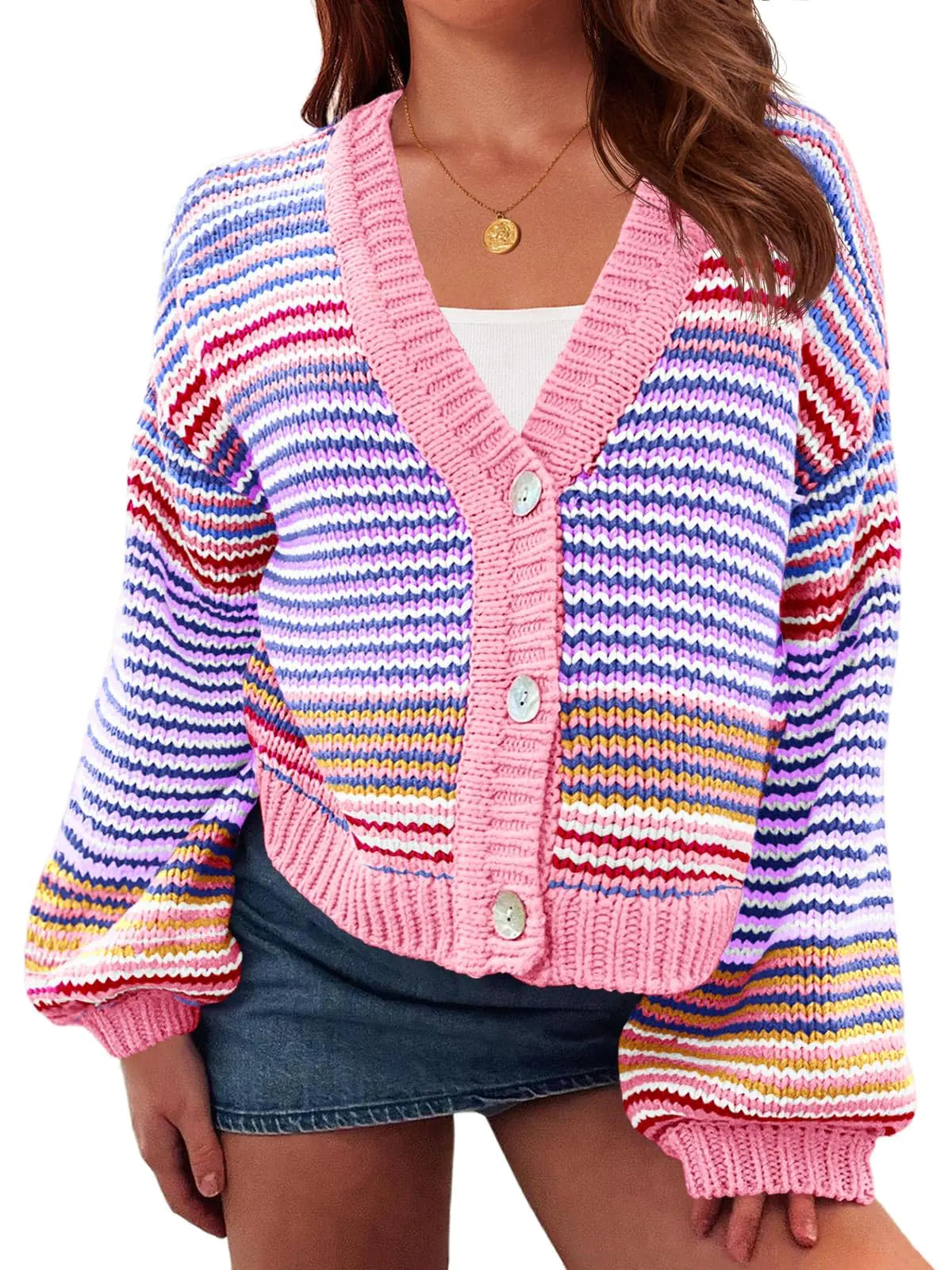 Saodimallsu Womens Striped Cardigan Sweaters Oversized Puff Sleeve Button Up V Neck Color Block Knit Sweater Coat Pink