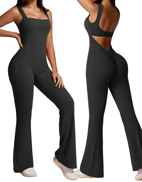 Load image into Gallery viewer, OEAK Womens Scrunch Butt Jumpsuits Flare Backless Romper Tummy Control Unitard Square Neck Outfits One Piece Cutout Bodysuits Black S
