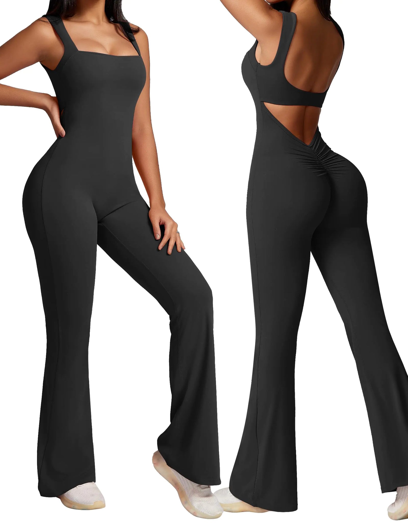 OEAK Womens Scrunch Butt Jumpsuits Flare Backless Romper Tummy Control Unitard Square Neck Outfits One Piece Cutout Bodysuits Black S