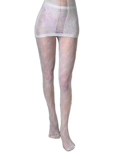 Charger l'image dans la visionneuse de galerie, QFSH Femme Bas Résille Sexy Bas en Dentelle Noir Collant Résille Collants (nœud papillon-blanc)
