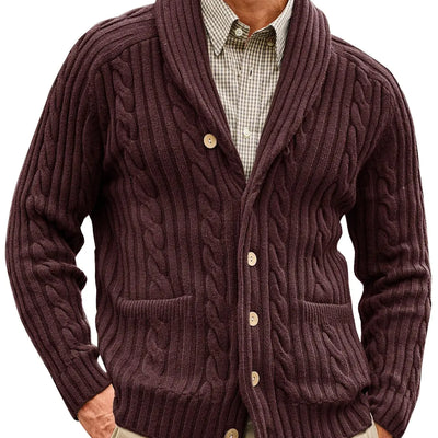 Runcati Mens Cable Knit Cardigan Sweater Shawl Collar Button Down Long Sleeve Casual Sweaters with Pockets Brown