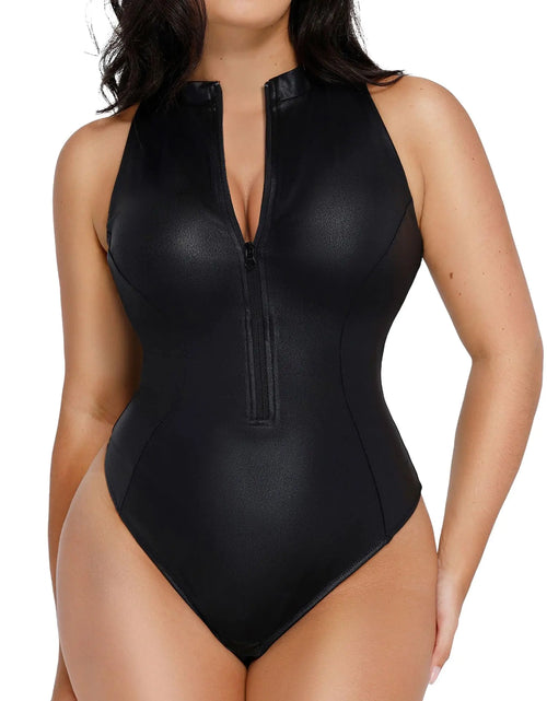 Cargar imagen en el visor de la galería, Body de cuero Popilush para mujer, faja de control de abdomen, body de cuello alto falso, corsé con cremallera y tanga
