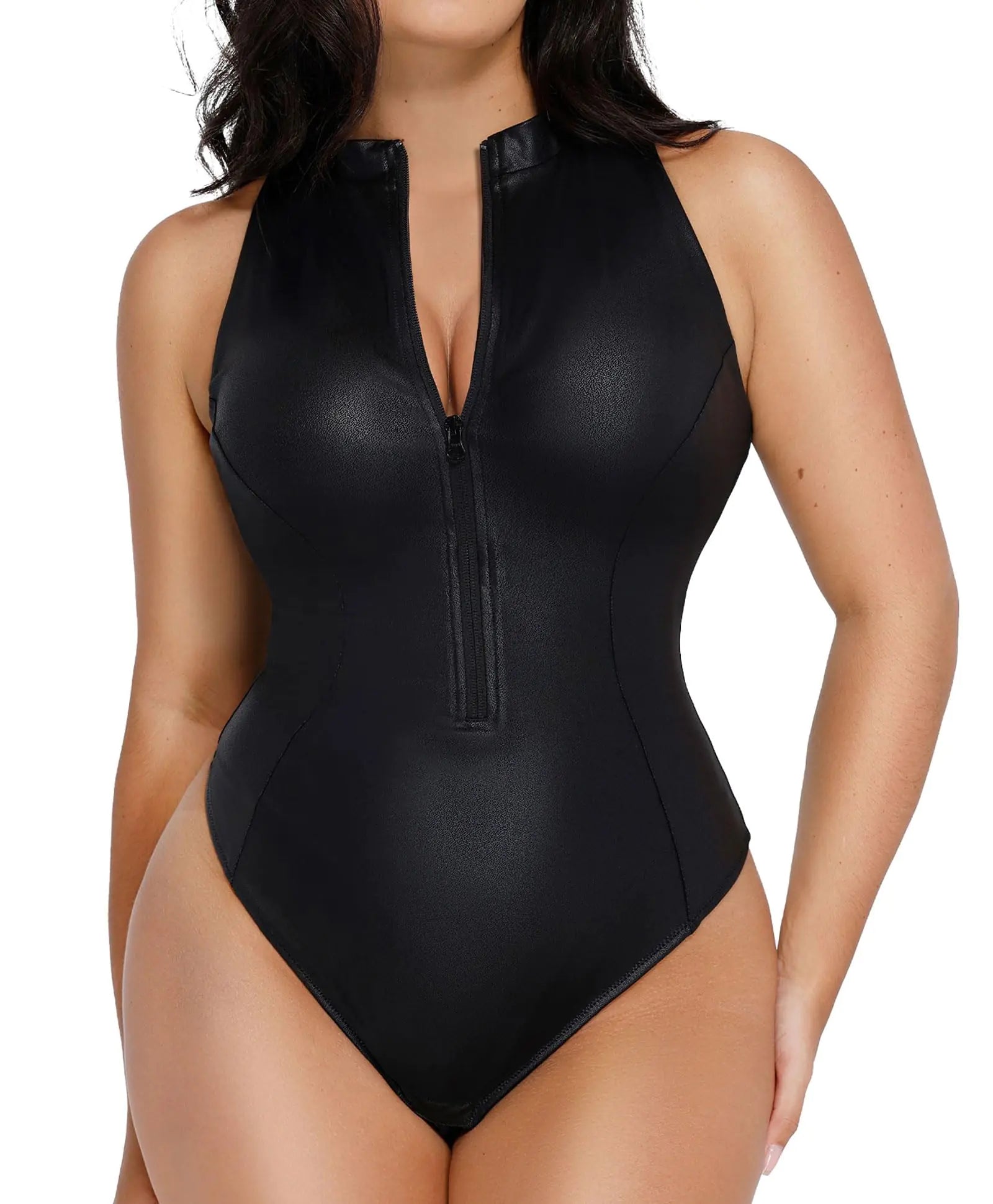 Body de cuero Popilush para mujer, faja de control de abdomen, body de cuello alto falso, corsé con cremallera y tanga