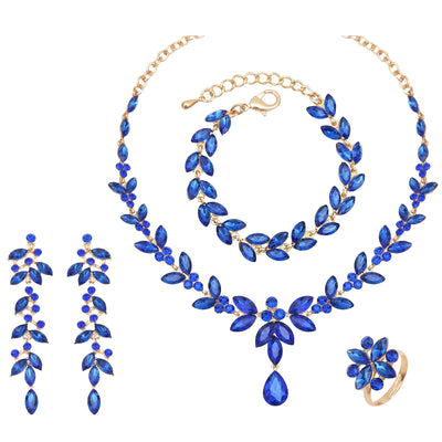 CSY Juego de 4 piezas de joyería nupcial elegante, juego de collar de boda con cristales de marquesa austriacos, pendientes colgantes, pulsera de tenis y anillo para novia y mujer, accesorios de disfraz (azul real-tono dorado)
