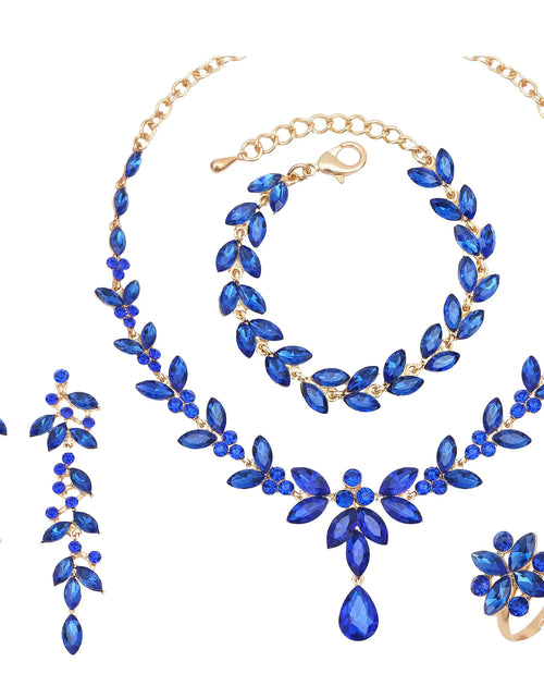 Cargar imagen en el visor de la galería, CSY Juego de 4 piezas de joyería nupcial elegante, juego de collar de boda con cristales de marquesa austriacos, pendientes colgantes, pulsera de tenis y anillo para novia y mujer, accesorios de disfraz (azul real-tono dorado)
