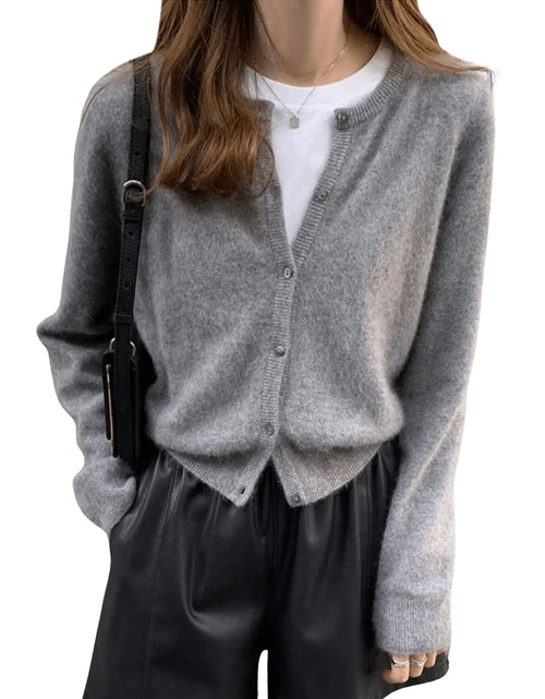 Cargar imagen en el visor de la galería, SweatyRocks Cárdigan Ligero de Mujer Cuello Redondo Manga Larga Botones Abajo Suéteres de Punto Gris Grande
