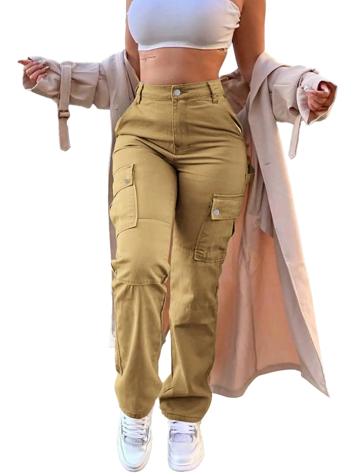 SDNGED Cargo Pants for Women High Waisted Casual Pants Work Pants Baggy Stretchy Straight Leg Pants Y2K Streetwear with Pockets Khaki