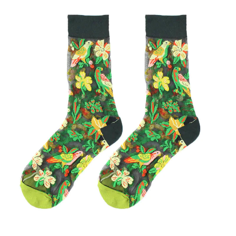 Fashionable Thin Mid Tube Flower Forest Glass Stockings