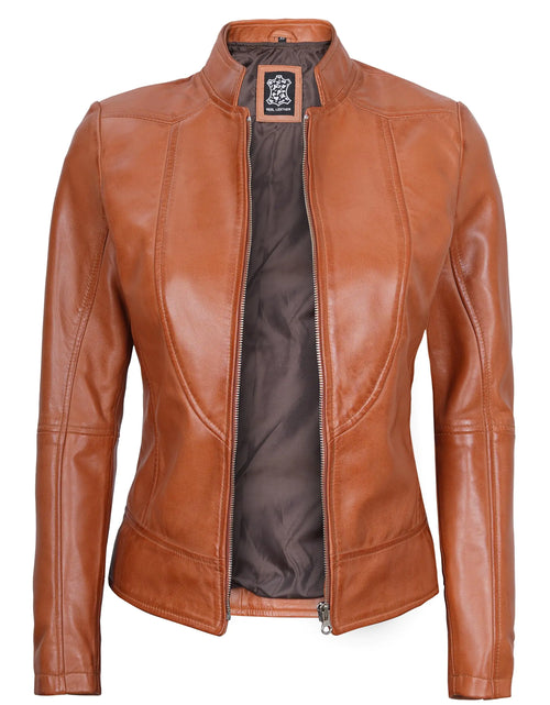 Load image into Gallery viewer, fjackets Cafe Racer Leather Jacket - Real Leather Jacket Women Brown | [1300864] Amy Brown L
