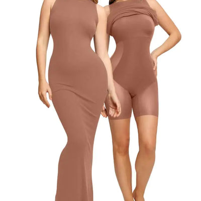 Popilush Shapewear Dress Built in Bra Bodycon Shaper Dress 9 in 1 Crew Neck Sleeveless Maxi Formal Dresses with Zipper Brown 3X-Large