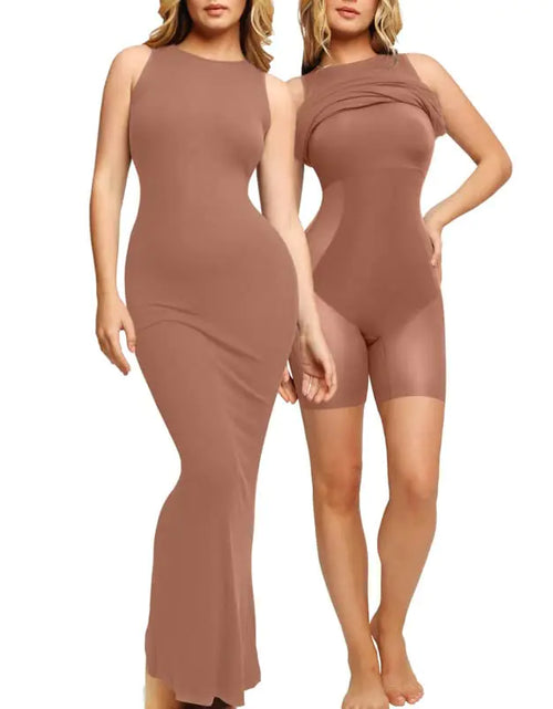 Load image into Gallery viewer, Popilush Shapewear Dress Built in Bra Bodycon Shaper Dress 9 in 1 Crew Neck Sleeveless Maxi Formal Dresses with Zipper Brown 3X-Large
