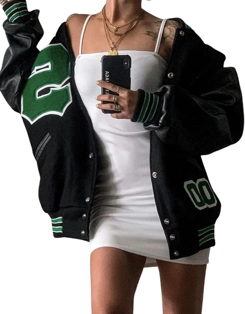 Load image into Gallery viewer, Mxiqqpltky Womens Oversized Y2K Bomber Jacket Casual Boyfriend Baseball Jacket Harajuku Long Sleeve Varsity Jacket Streetwear Coat (Black H Medium)

