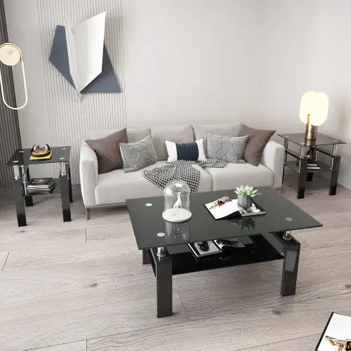 Juego de 2, mesa de té, mesa de centro, mesa auxiliar de cristal templado moderno, mesa cuadrada para sala de estar, negro