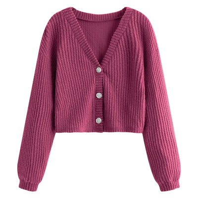 SweatyRocks Cárdigan de punto suave de manga larga con cuello de pico y botones para mujer, rosa brillante M
