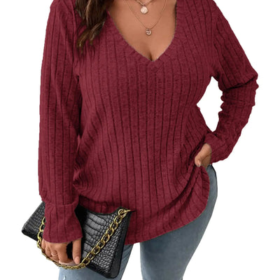 Veeiid Suéteres Casuales de Punto con Cuello en V Ligeros de Manga Larga para Mujer Tallas Grandes XL-5XL Vino