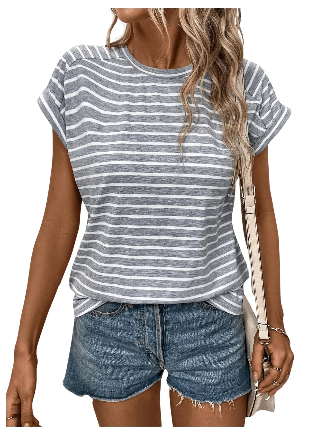 RoseSeek Womens Summer Tee Tops Stripe Cap Sleeve Round Neck Tee Shirt Casual Tunic T Shirt Trendy Grey X-Large