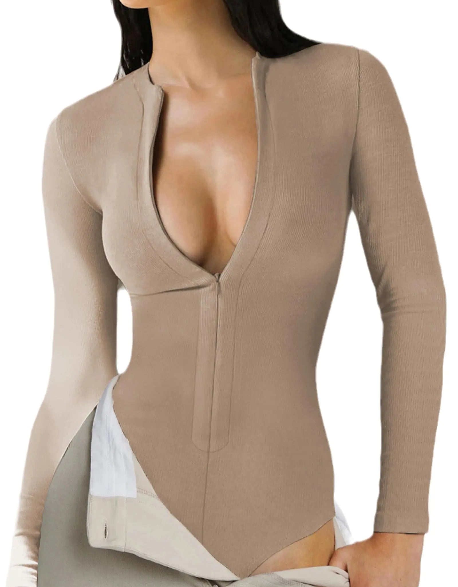 Womens Long Sleeve Zip Up Bodysuit Tops Sexy Stretchy Slim Fit Tummy Control Seamless Ribbed Shapewear Body suits Khaki Large