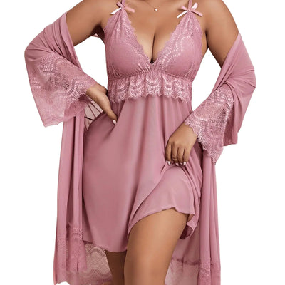 GORGLITTER Ensemble peignoir et nuisette 2 pièces grande taille pour femme, nuisette caraco en dentelle et peignoirs, vêtements de nuit rose poudré 4XL
