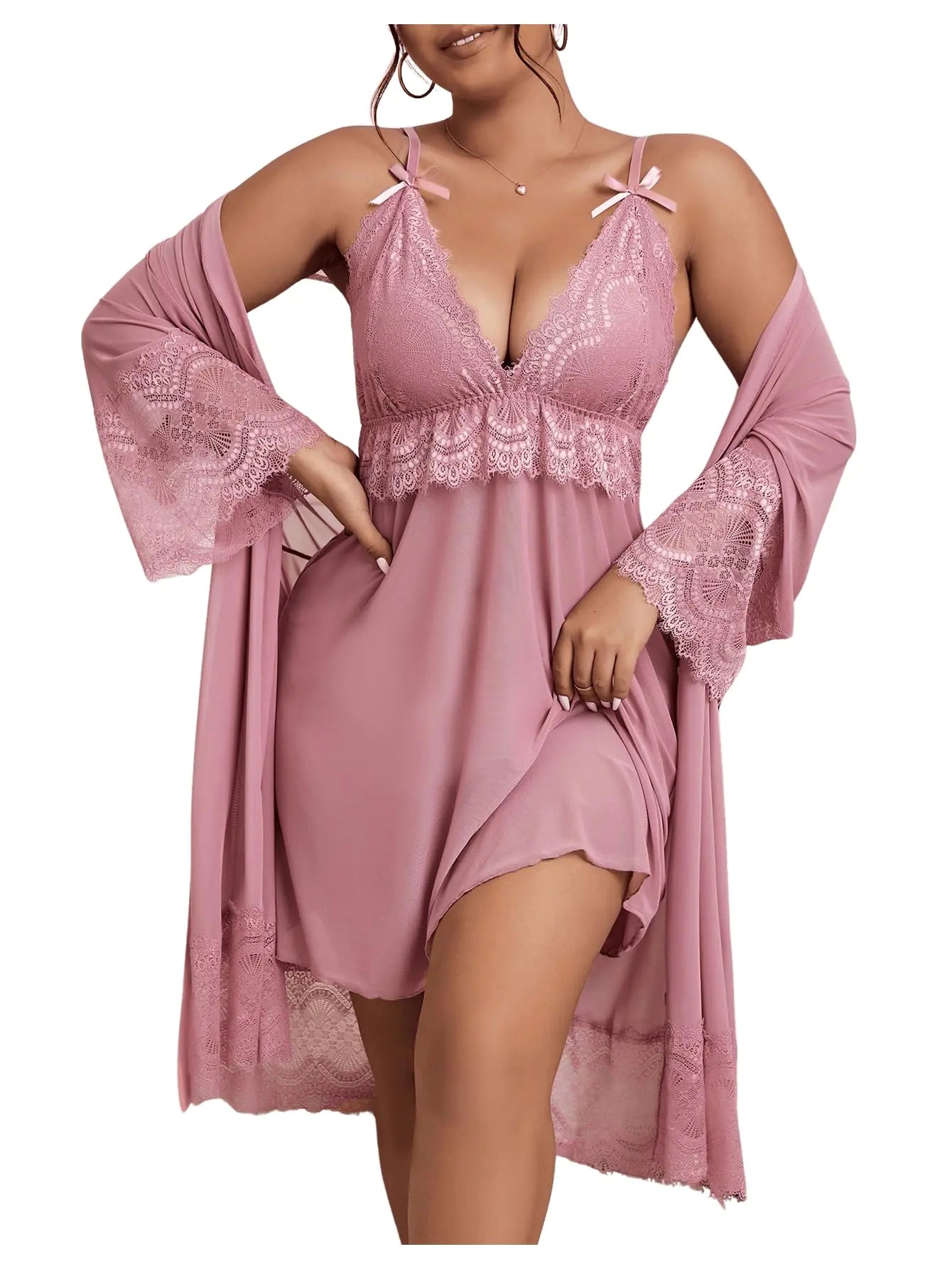 GORGLITTER Womens Plus 2 Piece Robe Pajamas Set Lace Cami Nightgown and Robes Nightwear Dusty Pink 4X-Large
