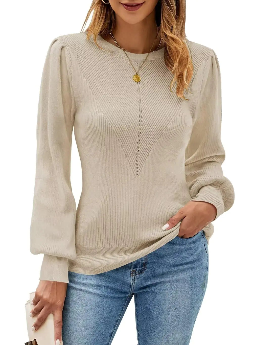 FEKOAFE Suéter de punto de cuello redondo para mujer, moderno, de manga abullonada, corte ajustado, color albaricoque, talla L