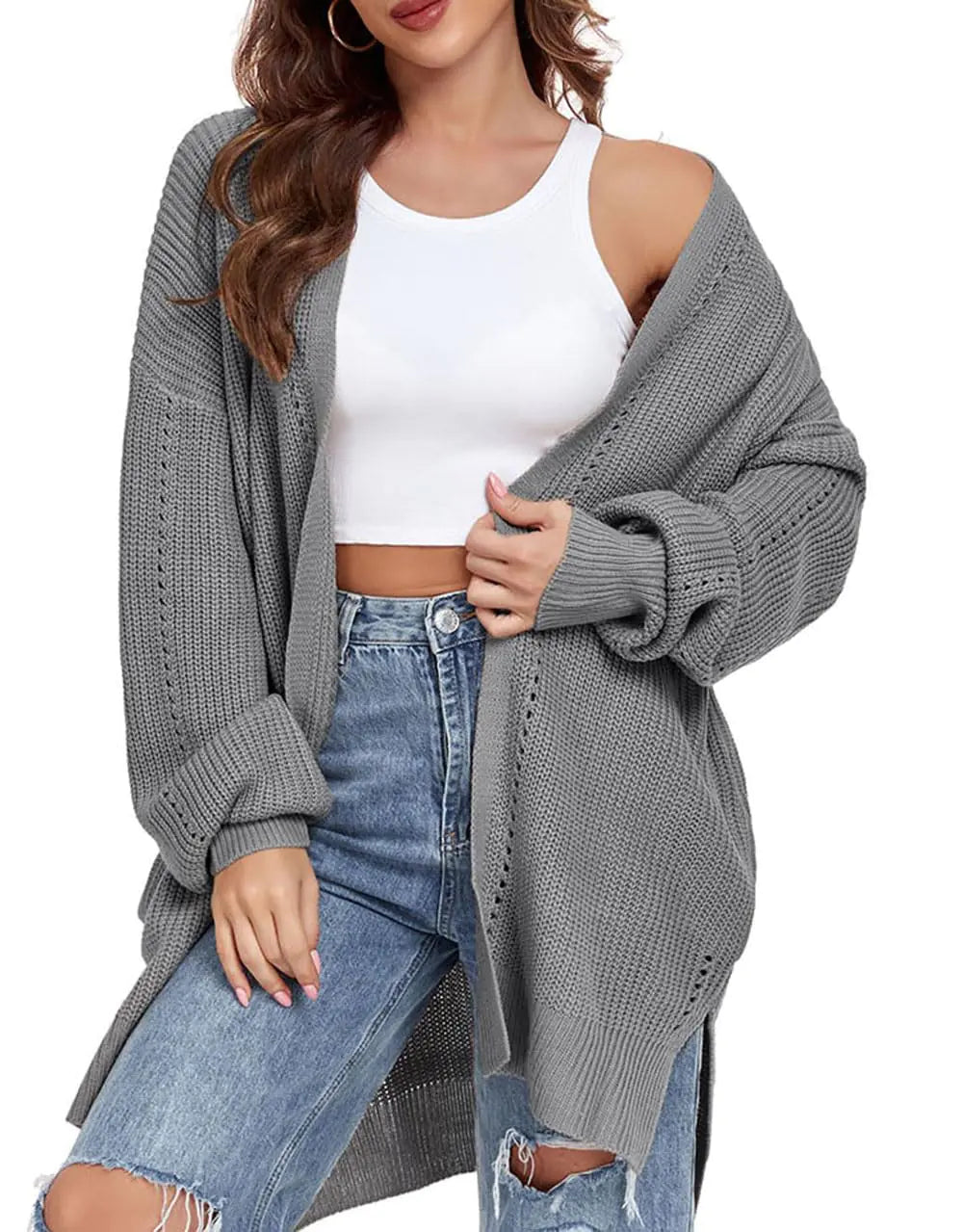 Cárdigan largo Rescay para mujer, frente abierto, manga larga, suéter ligero de otoño con bolsillos, gris, S