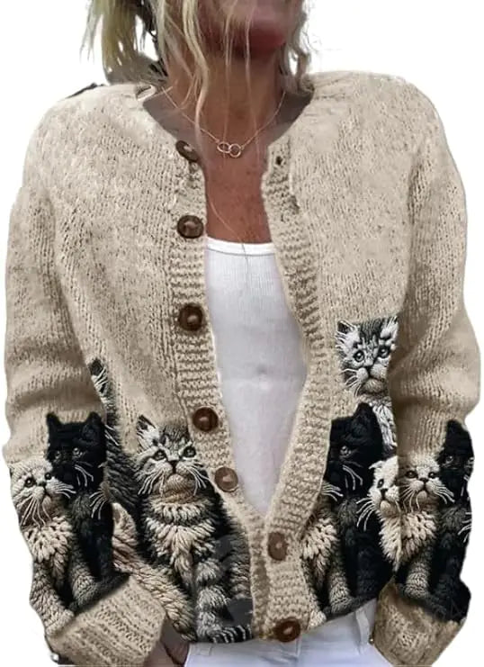 Suéteres de gato para mujer, cárdigan de gran tamaño, suéter de punto con botones estilo Y2K, suéteres lindos con diseño de gato (talla M estadounidense, corte normal, diseño de gato)