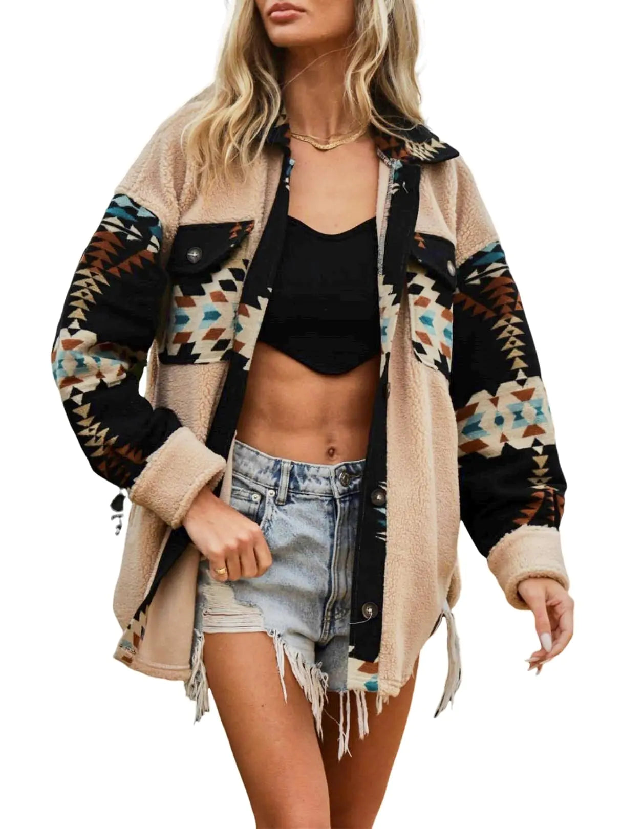 Yinawsky Womens Casual Fleece Jacket Tribal Aztec Shirt Jacket Long Sleeve Button Down Jacket Loose Shacket Outwear(0210-Khaki-L)