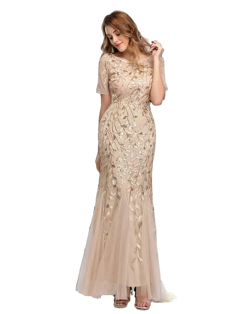Load image into Gallery viewer, Sequin Mermaid Womens Long Formal Dresses Short Sleeved Round Neck A line Tulle Gold Wedding Guest Dresses
