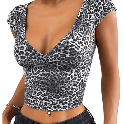 Floerns Femme T-shirts à Manches Courtes Imprimé Léopard Col en V Y2k Crop Top Tee Shirts Gris S