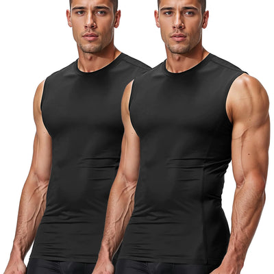 DRSKIN 2 Pack Mens Compression Shirts Sleeveless Tank Top Athletic Sports Workout Running Base Layer Active (COMTK (B+B) XXL)