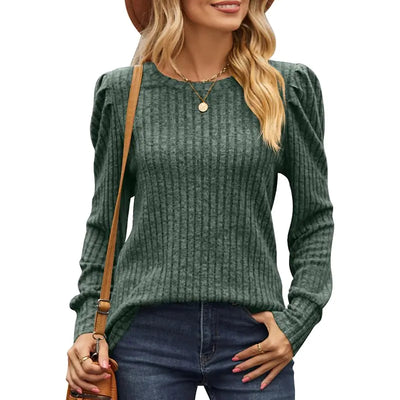 Vanfany Camisetas de manga larga para mujer, suéteres casuales de punto, cuello redondo, blusas de otoño, verde l