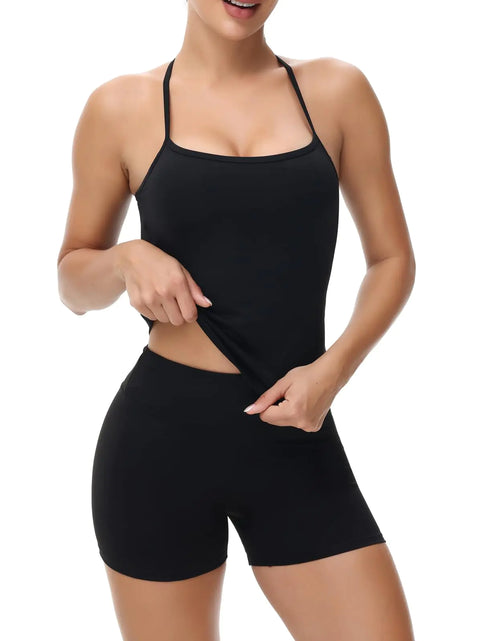 Load image into Gallery viewer, Cute Gym Yoga 2 Piece Sets for Women Workout Crop Tank Tops Athletic Shorts Outfits Suits Loungewear Underwear Pajamas Sleepwear Swimsuits Swimwear Teen Girls Basic Clothes Summer Beach Swim Black L

