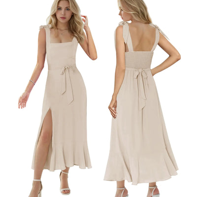 MllesReve Women Summer Graduation Dresses Tea Length Slit Ruffle Ladies Prom Dresses Smocked Dresses Birthday Party Dress L Champagne