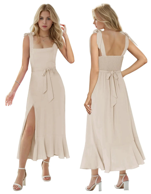 Load image into Gallery viewer, MllesReve Women Summer Graduation Dresses Tea Length Slit Ruffle Ladies Prom Dresses Smocked Dresses Birthday Party Dress L Champagne
