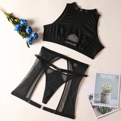 Ensemble de lingerie sans fil noir tendance - 3 pièces