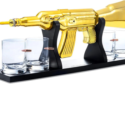 AK Gold Whiskey Decanter Set With 4 Bullet Whiskey Glasses - The Wine Savant Gift For Fathers Uncles Sons - Veteran Gifts Military Gift Home Bar Gift