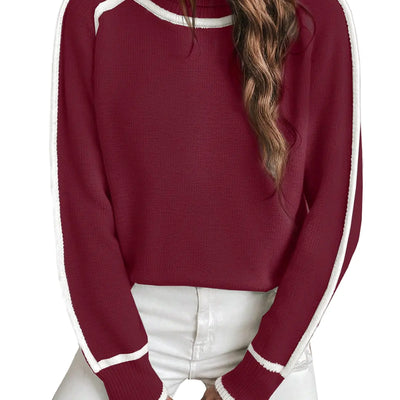 EVALESS Turtleneck Sweater Women 2024 Fall Winter Cozy Color Block Long Sleeve Chunky Knit Pullover Sweaters Burgundy M
