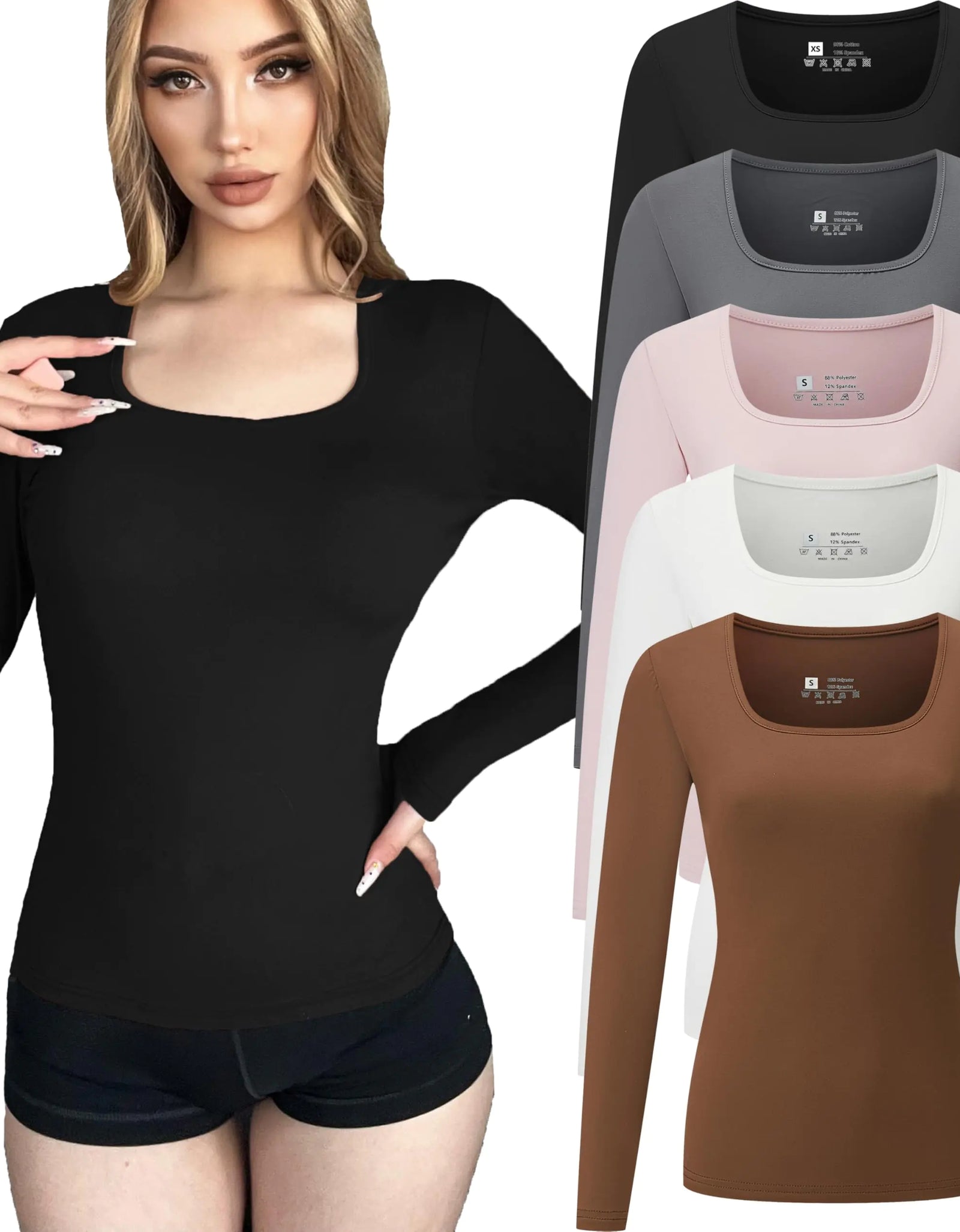 FMNNNN 5 Pack Long Sleeve Square Neck T Shirts for Women Layering Tops Fall and Winter Warm Base Shirts Fitted Casual Stretchy Basic Apparel Activewear Tight Soft Slim Fit Workout Clothing Shapewear
