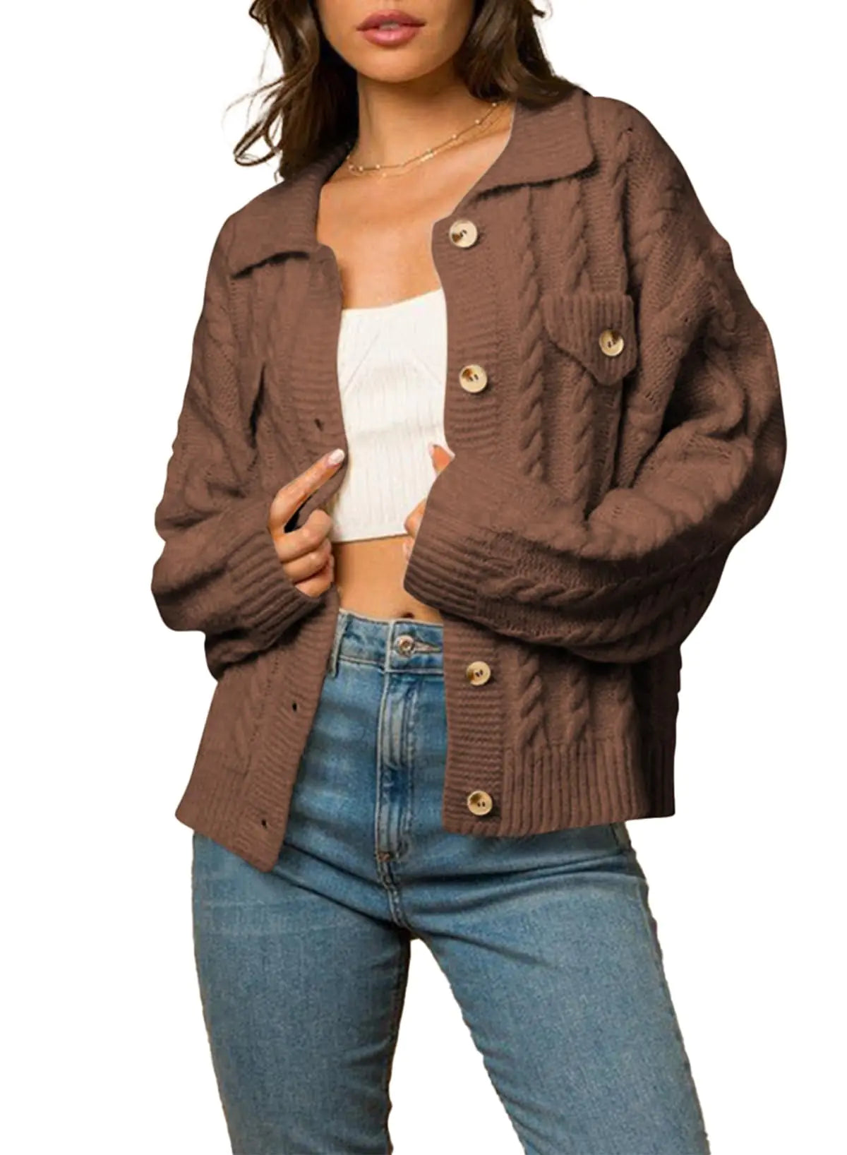 Sidefeel Womens 2024 Fall Long Sleeve Open Front Cardigan Sweaters Button Down Cable Knit Chunky Sweaters Outwear Brown 2XL