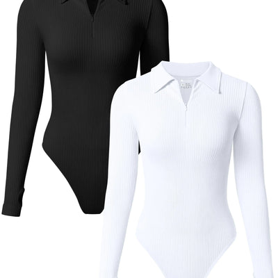 OQQ Bodis de Mujer de 2 Piezas Blusas de Manga Larga con Cremallera Tipo Polo Bodis Elásticos Ajustados Informales Negro Blanco