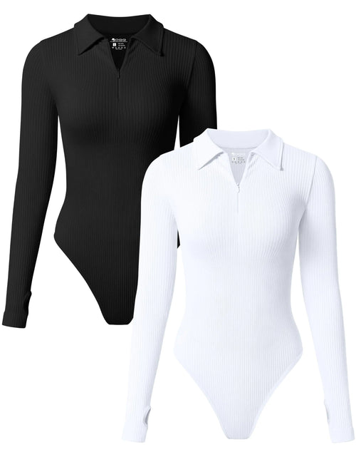 Load image into Gallery viewer, OQQ Womens 2 Piece Bodysuits Long Sleeve Zipper Polo Shirts Casual Stretch Fitted Bodysuits Black White
