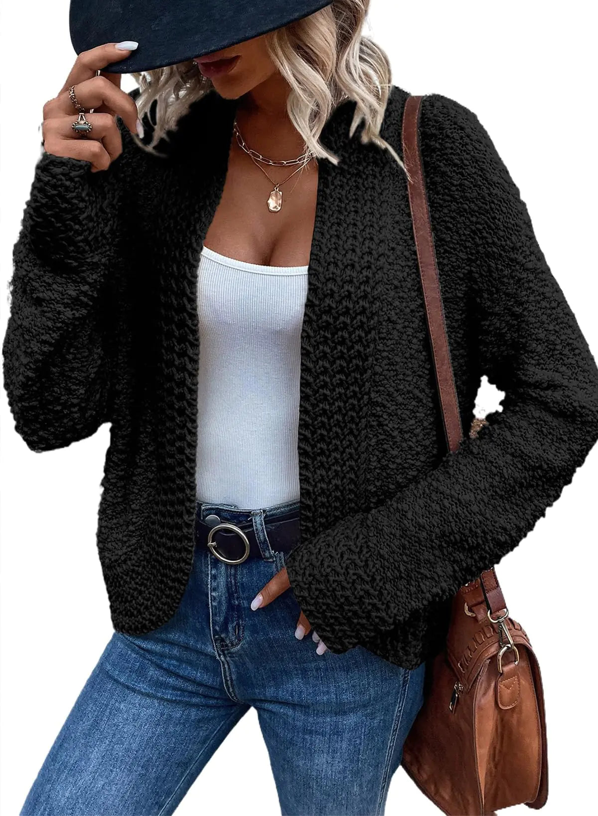 Sidefeel Womens Cardigan Trendy 2024 Long Sleeve Open Front Sweaters Casual Fall Outfit Black Small