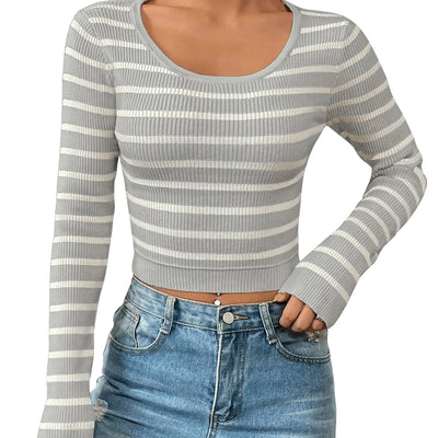 Verdusa Womens Crop Sweaters Long Sleeve Scoop Neck Striped Fitted Pullover Tops Grey Medium