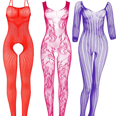 Tisancy 3 Piezas de lencería de rejilla para mujer Tallas grandes Lencería de malla Body para mujer Cubrepezones en forma de X (Rojo-Rojo Rosado-Morado)
